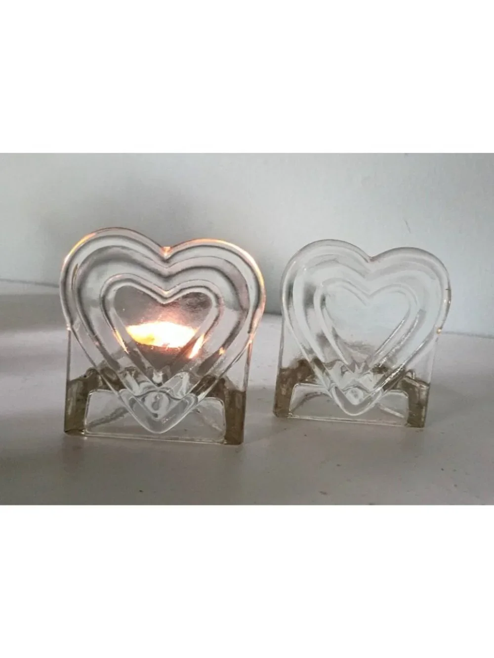 Clear Glass Pair Heart Tealight Candle Holders Embossed Love